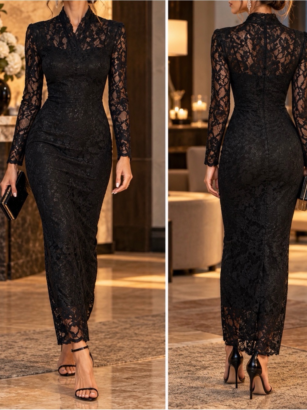 ASOS Black Lace Long Sleeve Midi Dress sz S  like new!
